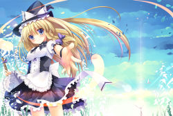 Rule 34 | 1girl, bad id, bad pixiv id, blonde hair, blue eyes, blush, bow, braid, broom, dress, female focus, hat, kirisame marisa, long hair, nature, outdoors, petals, plant, sky, smile, solo, sousouman, touhou, witch, witch hat