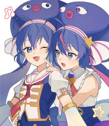 Rule 34 | 2girls, ahoge, arm guards, back bow, blue eyes, blue hair, blue headwear, bow, buttons, collared shirt, colored inner hair, dual persona, fang, hand on another&#039;s shoulder, hat, highres, index finger raised, long hair, low twintails, multicolored hair, multiple girls, musical note, neck ribbon, necktie, one eye closed, open mouth, otomachi una, otomachi una (sugar), pink hair, pink trim, pointing, pointing at another, puffy short sleeves, puffy sleeves, purple skirt, red necktie, red ribbon, red trim, ribbon, sailor collar, shirt, short sleeves, skirt, sleeveless, sleeveless shirt, smile, star (symbol), star in eye, streaked hair, suiso sn3, symbol in eye, twintails, vocaloid, white background, white bow, white sailor collar