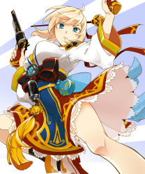Rule 34 | 1girl, absurdres, breasts, dual wielding, elsword, gun, hair between eyes, hair ornament, handgun, highres, hiraijin, holding, holding weapon, jamming (elsword), large breasts, looking at viewer, open mouth, revolver, rose (elsword), simple background, solo, traditional clothes, weapon