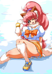 Rule 34 | 1girl, absurdres, animal ears, ass, bare legs, bare shoulders, breasts, cat ears, cat girl, curvy, female focus, highres, large breasts, leotard, long hair, looking at viewer, one eye closed, paw print, perisie (star ocean), pink hair, ponytail, red eyes, ryoi, school uniform, shiny skin, shoes, simple background, sitting, skirt, smile, solo, star ocean, star ocean first departure, tail, thick thighs, thighs, very long hair, wink