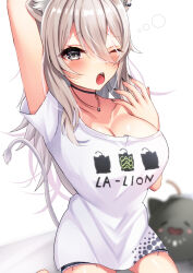 Rule 34 | 1girl, animal ears, arm up, bare shoulders, black nails, blurry, blurry background, blush, breasts, choker, cleavage, collarbone, ear piercing, fang, from above, grey eyes, grey hair, hair between eyes, hand to own mouth, highres, hololive, jewelry, large breasts, lion ears, lion girl, lion tail, long bangs, long hair, looking at viewer, messy hair, nail polish, necklace, no bra, one eye closed, open mouth, piercing, print shirt, shirt, shirt slip, shishiro botan, shishiro botan (casual), short shorts, short sleeves, shorts, simple background, ssrb (shishiro botan), tail, virtual youtuber, waking up, white background, yawning, zacky