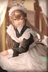 Rule 34 | 1girl, ahoge, alternate costume, apron, blurry, blurry background, brown eyes, brown hair, collared shirt, curtains, feather hair ornament, feathers, frilled apron, frills, hair ornament, hairclip, highres, hololive, hololive english, koromay ho, light particles, long hair, maid, maid apron, maid headdress, multicolored hair, nanashi mumei, open mouth, ponytail, railing, shirt, streaked hair, very long hair, virtual youtuber