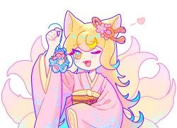 1girl 1other animal_ears blonde_hair blush chibi chibi_inset danganronpa_(series) danganronpa_2:_goodbye_despair fangs fox_ears fox_girl fox_tail hair_ornament heart highres holding japanese_clothes kemonomimi_mode kimono kitsune kyuubi long_hair long_sleeves mouse_ears mouse_tail multiple_tails one_eye_closed open_mouth original pink_kimono saionji_hiyoko shizhong_wu_di_fushang simple_background tail