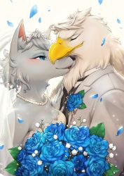 Rule 34 | 1boy, 1girl, animal, animal crossing, apollo (animal crossing), beak, bird, blue flower, blue rose, blush, bouquet, breasts, bridal veil, cleavage, commentary request, couple, crown, dress, eagle, flower, furry, furry female, furry male, furry with furry, half-closed eyes, happy, interspecies, jewelry, kemonomichi (blue black), necklace, necktie, nintendo, open mouth, pearl necklace, petals, rose, simple background, smile, tuxedo, veil, wedding, wedding dress, white background, whitney (animal crossing), wolf