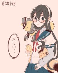 Rule 34 | 10s, 1girl, animal ears, animalization, bad id, bad twitter id, bismarck (kancolle), black hair, blue eyes, collared shirt, colorized, commentary request, crown, dog, dog ears, closed eyes, glasses, hat, headband, itomugi-kun, kantai collection, long hair, necktie, ooyodo (kancolle), prinz eugen (kancolle), shirt, simple background, sweatdrop, tail, translated, warspite (kancolle), wing collar