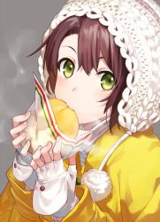 Rule 34 | 1girl, asahikawa hiyori, beanie, blush, brown hair, commentary request, eating, fingerless gloves, fingernails, food, gloves, green eyes, grey background, hair between eyes, hands up, hat, holding, holding food, jacket, long sleeves, looking at viewer, original, simple background, smoke, solo, white gloves, white hat, yellow jacket