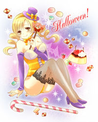 Rule 34 | 10s, 1girl, bare shoulders, bat (animal), blonde hair, breasts, candy, candy cane, charlotte (madoka magica), checkerboard cookie, cherry, cleavage, cookie, detached sleeves, drill hair, earrings, fishnet thighhighs, fishnets, food, food-themed hair ornament, fruit, hair ornament, hairband, halloween, hat, high heels, hoshino (d-magic), hoshino (nia hoshino), jack-o&#039;-lantern, jewelry, kiwi (fruit), leotard, macaron, mahou shoujo madoka magica, mahou shoujo madoka magica (anime), medium breasts, mini hat, mini top hat, pudding, pumpkin, pumpkin hair ornament, ribbon, shoes, sitting, smile, solo, strawberry, thighhighs, tomoe mami, top hat, wand, yellow eyes