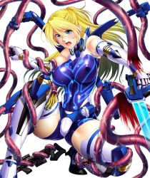Rule 34 | 00s, 1girl, aisha clarisse, blonde hair, blood, blue eyes, bodysuit, breasts, cyborg, female focus, gun, highres, large breasts, lilith-soft, long hair, restrained, rifle, simple background, solo, taimanin (series), taimanin asagi, taimanin asagi kessen arena, tentacles, weapon, zol