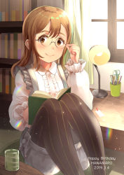 Rule 34 | 1girl, 2019, adjusting eyewear, birthday, book, bookshelf, character name, commentary request, cowengium, cup, curtains, dated, desk lamp, english text, glasses, happy birthday, highres, holding, holding book, indoors, kunikida hanamaru, lamp, lampshade, light brown hair, long hair, long sleeves, love live!, love live! school idol festival, love live! sunshine!!, on lap, pantyhose, pantyhose under shorts, pinstripe legwear, pinstripe pattern, reading, rimless eyewear, round eyewear, scissors, shorts, sidelocks, sitting, smile, solo, striped clothes, striped pantyhose, table, vertical-striped clothes, vertical-striped pantyhose, window, yellow eyes
