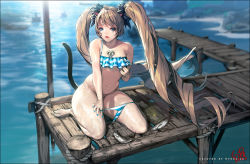 Rule 34 | 10s, 1girl, animal ears, bare shoulders, bikini, blade &amp; soul, blue eyes, brown hair, cat ears, cat feet, cat tail, fish, hyulla, long hair, looking at viewer, nail polish, navel, original, solo, striped bikini, striped clothes, swimsuit, tail, thick thighs, thighs, thong bikini, twintails, undressing, very long hair, water