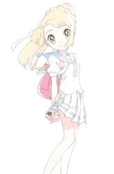 Rule 34 | 1girl, arms behind back, backpack, bag, blush, braid, braided ponytail, breasts, closed mouth, cowboy shot, creatures (company), crown braid, eye contact, facing viewer, game freak, green eyes, lillie (pokemon), long hair, long legs, looking at another, looking at viewer, nintendo, nonobuki, pink bag, poke ball, pokemon, pokemon sm, ponytail, puffy short sleeves, puffy sleeves, school uniform, serafuku, short sleeves, simple background, skirt, smile, solo, standing, upper body, white background