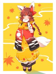 Rule 34 | 1girl, ahoge, animal ears, apron, autumn leaves, blush, border, bow, braid, breasts, brown eyes, brown hair, chinese knot, cloud print, frilled apron, frills, full body, hair bow, highres, japanese clothes, kimono, leaf print, long hair, long sleeves, looking at viewer, medium breasts, moon print, okobo, original, outside border, own hands together, platform footwear, pom pom (clothes), print apron, print kimono, red bow, red kimono, sandals, scarf, socks, solo, standing, tabi, tail, tassel, toconikky, twin braids, white border, white scarf, white socks, wide sleeves, yellow apron, yellow background
