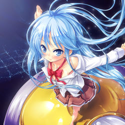 Rule 34 | 10s, 1girl, ahoge, antenna hair, bare shoulders, barefoot, blue eyes, blue hair, bow, city, denpa onna to seishun otoko, flat chest, flying saucer, from above, long hair, matching hair/eyes, night, off shoulder, open clothes, open shirt, school uniform, shirt, skirt, solo, source request, spacecraft, tilm, touwa erio, ufo, very long hair