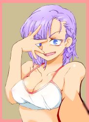Rule 34 | 1girl, blue eyes, breasts, cleavage, commentary request, dagashi kashi, covered erect nipples, graphite (medium), looking at viewer, millipen (medium), onnaski, open mouth, purple hair, ringed eyes, shidare hotaru, short hair, smile, solo, swimsuit, traditional media