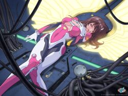 Rule 34 | 1girl, black bodysuit, bodysuit, breasts, breasts apart, brown hair, cable, cleavage cutout, closed eyes, clothing cutout, gloves, hand on own chest, lying, medium breasts, multicolored bodysuit, multicolored clothes, nakamura jun-ichi, on back, open mouth, original, pilot suit, pink bodysuit, science fiction, smile, solo, underboob, underboob cutout, white bodysuit, white gloves, wing hair ornament