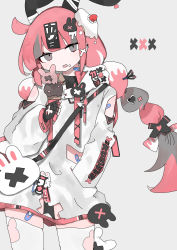 Rule 34 | 1girl, absurdres, animal ears, animal print, bandages, bandaid, bandaid on arm, bandaid on leg, bandaid on neck, black gloves, braid, cake hair ornament, clothes writing, cross hair ornament, doll, ear piercing, ear tag, expressionless, extra ears, fingerless gloves, food, food-themed hair ornament, food on face, gloves, grey background, grey eyes, grey hair, hair ornament, hand in pocket, highres, holding, holding food, hood, ice cream, ice cream cone, jacket, jitome, long hair, long sleeves, looking at viewer, multicolored hair, nknk022, open mouth, original, piercing, pink hair, pink jacket, rabbit ears, rabbit print, ribbon, simple background, solo, standing, sticker, tag, thighhighs, twintails, white hair, white jacket, white thighhighs, zettai ryouiki