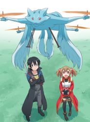 Rule 34 | 1boy, 1girl, belt, boots, coat, controller, dragon, flying, gachon jirou, helicopter cat, kirito, multiple tails, objectification, parody, pina (sao), remote control, silica, smile, sword, sword art online, tail, thighhighs, trench coat, twintails, two tails, weapon