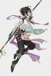 Rule 34 | 1boy, absurdres, arm tattoo, bead necklace, beads, black hair, facial mark, forehead mark, from side, full body, genshin impact, gloves, green hair, grey background, highres, holding, holding polearm, holding weapon, jewelry, male focus, mask, necklace, orange eyes, parted lips, polearm, primordial jade winged-spear (genshin impact), profile, simple background, solo, spear, tattoo, unworn mask, weapon, xiao (genshin impact), yuitonoel