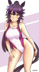 Rule 34 | 1girl, absurdres, aiuti, animal ears, bad id, bad pixiv id, bandaid, bandaid on face, bandaid on nose, black hair, competition swimsuit, contrapposto, feet out of frame, highleg, highleg swimsuit, highres, horse ears, horse girl, horse tail, long hair, narita brian (umamusume), one-piece swimsuit, ponytail, solo, standing, swimsuit, tail, twitter username, two-tone background, umamusume, white one-piece swimsuit, yellow eyes