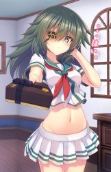 Rule 34 | 10s, 1girl, absurdres, blush, breasts, cabinet, closed mouth, cowboy shot, eyepatch, gift, green eyes, green hair, groin, hair between eyes, hand in own hair, hand up, highres, holding, holding gift, incoming gift, indoors, kantai collection, kiso (kancolle), long hair, looking at viewer, medium breasts, midriff, miniskirt, murasame shia, navel, neckerchief, pleated skirt, red neckerchief, school uniform, serafuku, short sleeves, skirt, solo, standing, valentine, white skirt, window