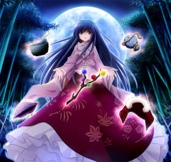 Rule 34 | 1girl, bamboo, bamboo forest, black hair, bowl, branch, cowry shell, female focus, floating, floating object, forest, full moon, houraisan kaguya, jeweled branch of hourai, long hair, moon, nature, revision, solo, sui. (ayase), touhou, yellow eyes