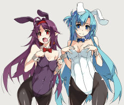 Rule 34 | 2girls, animal ears, asuna (sao), asuna (sao-alo), black legwear, black leotard, blue eyes, blue hair, blush, bow, bowtie, breasts, covered navel, cowboy shot, detached collar, fake animal ears, fang, flat chest, gluteal fold, grey background, hairband, hands on own chest, leotard, long hair, looking at viewer, looking to the side, medium breasts, multiple girls, open mouth, pantyhose, playboy bunny, pointy ears, purple hair, purple leotard, rabbit ears, red eyes, red hairband, red neckwear, shikei, simple background, skin fang, strapless, strapless leotard, sword art online, wrist cuffs, yuuki (sao)