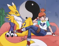 Rule 34 | 2girls, animal ears, animal nose, arm support, artist name, ass, bamboo, belt, black sclera, blue eyes, blush, broken heart, brown hair, claws, colored sclera, couch, denim, digimon, digimon tamers, fox, furry, furry female, gloves, hair ornament, hairpin, heart, highres, jeans, makino ruki, multicolored fur, multicolored hair, multiple girls, nanaeljustice, pants, purple eyes, renamon, short hair, sitting, tail, thick thighs, thighs, toei animation, white fur, wristband, yellow fur, yin yang