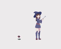 Rule 34 | 1girl, animated, animated gif, belt, blinking, blue hat, blue socks, brown hair, carnivorous plant, grey background, hat, kagari atsuko, kneehighs, little witch academia, long hair, long sleeves, magic, open mouth, pixel art, red eyes, saino misaki, school uniform, smile, socks, solo, standing, surprised, wand, witch, witch hat