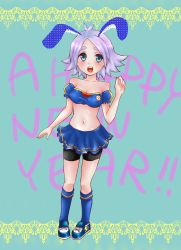 Rule 34 | 1girl, animal ears, bare shoulders, blue eyes, blush, breasts, rabbit ears, cleavage, english text, covered erect nipples, eyebrows, female focus, fubuki shirou, full body, gender request, genderswap, highres, inazuma eleven, inazuma eleven (series), navel, new year, open mouth, short hair, shorts, skirt, smile, soccer uniform, solo, sportswear, uniform, white hair