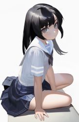 Rule 34 | 1girl, ai-assisted, arm support, bad id, bad twitter id, black hair, black neckerchief, character request, closed mouth, commentary request, copyright request, eyelashes, frown, gotenmocha, grey eyes, highres, long hair, looking at viewer, neckerchief, pleated skirt, sailor collar, school uniform, serafuku, shirt, short sleeves, sitting, skirt, solo, white background, white sailor collar, white shirt