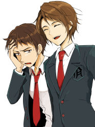 Rule 34 | 2boys, annoyed, blazer, brown eyes, brown hair, closed eyes, commentary request, facepalm, green jacket, haruha (aeropolis), highres, jacket, kita high school uniform, koizumi itsuki, kyon, long sleeves, looking at viewer, male focus, multiple boys, necktie, open clothes, open jacket, open mouth, red necktie, school uniform, shirt, short hair, simple background, smile, suzumiya haruhi no yuuutsu, teeth, upper teeth only, white background, white shirt