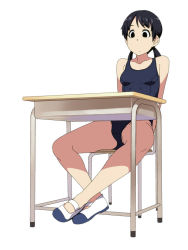 Rule 34 | 1girl, bare legs, bare shoulders, black eyes, black hair, crotch, desk, heisei umare, low twintails, one-piece swimsuit, satou (heisei umare), school swimsuit, shimimaru, shoes, short twintails, sitting, solo, spread legs, swimsuit, twintails, uwabaki, white background
