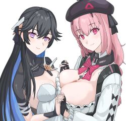 Rule 34 | 2girls, absurdres, asymmetrical docking, ayla: brilliance (punishing: gray raven), ayla (punishing: gray raven), black collar, black gloves, black hair, black headwear, blue hair, braid, breast press, breasts, cleavage, closed mouth, collar, colored inner hair, detached collar, dress, fingerless gloves, gloves, highres, large breasts, long hair, long sleeves, looking at viewer, mechanical arms, multicolored hair, multiple girls, neck ribbon, pink eyes, pink hair, pink ribbon, punishing: gray raven, purple eyes, ribbon, selena: capriccio (punishing: gray raven), selena (punishing: gray raven), shirt, side braid, sidelocks, single mechanical arm, small breasts, white background, white dress, white shirt, yagikan (caru2338)