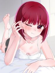 Rule 34 | 1girl, absurdres, adjusting hair, arima kana, arm support, black shorts, blunt bangs, blurry, blush, closed mouth, collarbone, depth of field, dolphin shorts, eishi kurumi, highres, lace trim, one eye closed, oshi no ko, red hair, short hair, shorts, soles, solo, spaghetti strap, tank top, white tank top