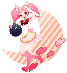 Rule 34 | 1girl, absurdres, big hair, bishoujo senshi sailor moon, boots, bow, brooch, chibi usa, choker, circlet, cone hair bun, crescent moon, double bun, elbow gloves, full body, gloves, hair bun, hair ornament, hairclip, heart, heart brooch, highres, jewelry, knee boots, luna-p, moon, multicolored clothes, multicolored skirt, pink footwear, pink hair, red eyes, running, sailor chibi moon, skirt, smile, solo, striped, super sailor chibi moon, takesouko, twintails, v, white gloves