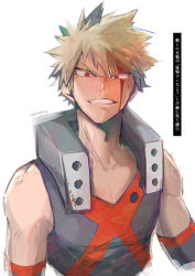 Rule 34 | 1boy, artist name, bakugou katsuki, bare shoulders, blonde hair, blood, blood on face, boku no hero academia, cho mo futoshi, highres, looking at viewer, male focus, red eyes, simple background, solo, spiked hair, teeth, white background