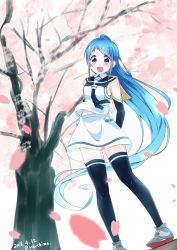 Rule 34 | 10s, 1girl, arms behind back, black thighhighs, blue eyes, blue hair, blush, cherry blossoms, commentary request, dated, gradient hair, highres, kantai collection, long hair, looking at viewer, matching hair/eyes, multicolored hair, neckerchief, open mouth, outdoors, petals, samidare (kancolle), school uniform, serafuku, shirt, skirt, sleeveless, sleeveless shirt, solo, thighhighs, tree, twitter username, very long hair, yokoshima (euphoria)