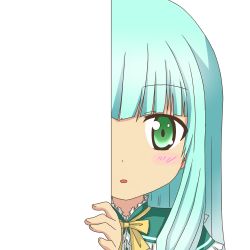 Rule 34 | 10s, 1girl, aoki hagane no arpeggio, blush, dress, embarrassed, green eyes, green hair, i-402 (aoki hagane no arpeggio), long hair, matching hair/eyes, nagineko, open mouth, peeking out, personification, ribbon, solo, transparent background