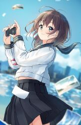 Rule 34 | 1girl, absurdres, black sailor collar, black skirt, blue sky, blurry, blurry background, blush, brown hair, cellphone, closed mouth, commentary request, day, depth of field, enuni, green eyes, hair between eyes, hands up, highres, holding, holding phone, long sleeves, midriff peek, neckerchief, official art, original, outdoors, phone, photo (object), pleated skirt, red neckerchief, sailor collar, school uniform, serafuku, shirt, skirt, sky, skyline, smile, solo, white shirt