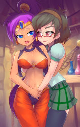 Rule 34 | 2girls, alternate form, blue eyes, bottle, grabbing another&#039;s breast, breasts, dark skin, dark-skinned female, earrings, eye contact, fingering, grabbing, green hair, hairband, hand under clothes, highres, jewelry, jiffic, long hair, looking at another, multiple girls, navel, open mouth, personification, ponytail, puffy sleeves, purple hair, red eyes, rope, rottytops, school uniform, shantae, shantae (series), shantae and the pirate&#039;s curse, skirt, smile, thighhighs, very long hair, vest, yuri, zettai ryouiki