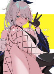 Rule 34 | 1girl, black dress, black gloves, blue bow, blue eyes, blush, bow, cross, cross earrings, dress, earrings, fishnet legwear, fishnets, girls&#039; frontline, gloves, hair bow, heterochromia, highres, jewelry, long hair, looking at viewer, mdr (cocktail observer) (girls&#039; frontline), mdr (girls&#039; frontline), multicolored hair, official alternate costume, pink eyes, ponytail, silver hair, simple background, sitting, smile, solo, tongue, tongue out, v, yitiao er-hua