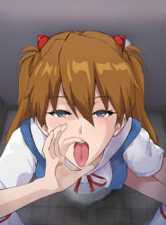 Rule 34 | 0byte, 1girl, blue eyes, blush, breasts, brown hair, come hither, fellatio gesture, female focus, highres, long hair, looking at viewer, neon genesis evangelion, nipples visible through clothes, open mouth, oral invitation, pov, school uniform, sexually suggestive, small breasts, solo, souryuu asuka langley, spread legs, squatting, breath, toilet stall, tokyo-3 middle school uniform, tongue, tongue out, twintails