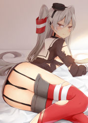 Rule 34 | 10s, 1girl, amatsukaze (kancolle), ass, black panties, blush, dress, fang, fang out, from behind, garter straps, gloves, hair tubes, kantai collection, lifebuoy, lips, long hair, looking at viewer, natsu (natume0504), panties, red thighhighs, sailor dress, short dress, silver hair, single glove, solo, striped clothes, striped thighhighs, swim ring, tears, thighhighs, thighs, torn clothes, torn dress, torn thighhighs, two side up, underwear, yellow eyes