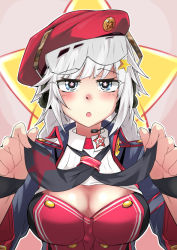 Rule 34 | 1girl, beret, blue eyes, blush, breast focus, breasts, collar, detached collar, girls&#039; frontline, hair ornament, hat, headphones, jacket, large breasts, minami shin (zenshuu bougyo), necktie, open mouth, ots-12 (girls&#039; frontline), silver hair, solo, star-shaped pupils, star (symbol), star hair ornament, symbol-shaped pupils