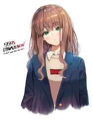 Rule 34 | 1girl, absurdres, blue jacket, blush, brown hair, brown sweater, closed mouth, collared shirt, commentary, copyright name, cropped torso, green eyes, gridman universe, hair between eyes, head tilt, highres, jacket, long hair, looking at viewer, minami yume, open clothes, open jacket, rangen, shirt, simple background, solo, ssss.dynazenon, sweater, upper body, white background, white shirt