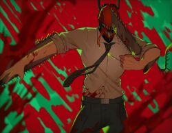 Rule 34 | 1boy, bad id, bad twitter id, black necktie, black pants, blood, blood on clothes, blood splatter, bloody weapon, chainsaw man, collared shirt, denji (chainsaw man), floating neckwear, hybrid, necktie, open mouth, pants, red background, riu lico, sharp teeth, shirt, shirt tucked in, simple background, sleeves rolled up, solo, stylized blood, teeth, tongue, tongue out, weapon, white shirt