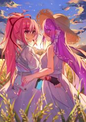 2girls absurdres belt braid breasts chest_harness dark_skin hair_over_one_eye harness heaven_burns_red highres kura_satomi large_breasts lidce long_hair looking_at_another multiple_girls outdoors pink_hair ponytail red_eyes rice_paddy shirt tsukishiro_monaka very_long_hair white_belt yuri