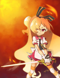 Rule 34 | 1girl, gen&#039;ei wo kakeru taiyou, hair over one eye, highres, holding, holding sword, holding weapon, orange thighhighs, school uniform, serafuku, solo, striped clothes, striped thighhighs, sword, tagme, taiyou akari, thighhighs, two-handed, weapon