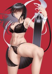 Rule 34 | 1girl, black bra, black hair, black panties, bra, breasts, chainsaw man, cojohn, facial scar, highres, holding, holding sword, holding weapon, lace, lace bra, lingerie, long hair, looking at viewer, medium breasts, navel, panties, scar, scar on cheek, scar on face, simple background, solo, sword, underwear, weapon, yellow eyes, yoru (chainsaw man)