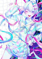 Rule 34 | 1girl, ;d, blue eyes, blue hair, bow, chouzetsusaikawa tenshi-chan, cowboy shot, distortion, eyeshadow, hair bow, hand on own hip, highres, holographic clothing, limited palette, long hair, long sleeves, looking at viewer, makeup, midriff peek, moe kyun (171171ba), multicolored hair, needy girl overdose, one eye closed, open mouth, pill, pink eyeshadow, pink hair, pleated skirt, quad tails, sailor collar, school uniform, serafuku, shirt, skirt, smile, solo, standing, twintails, v over eye, very long hair